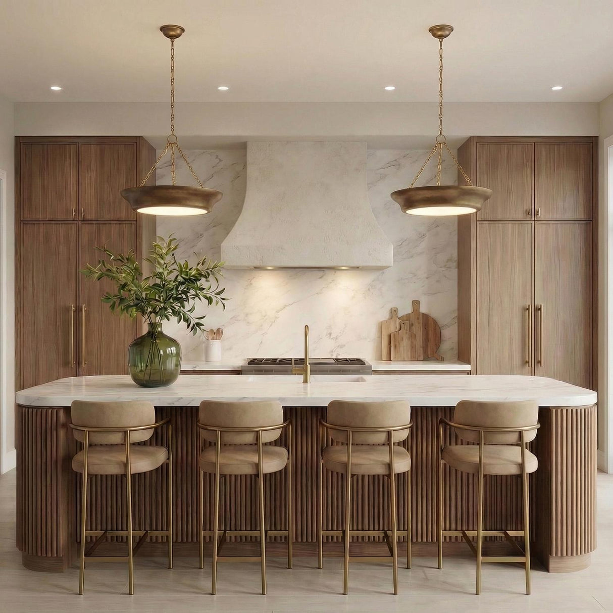Antique Brass geometric bowl pendant in a Contemporary Kitchen with a white marble island and fluted wood cabinetry.