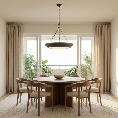 Dalina Extra Large Pendant 36", Aged Iron geometric pendant in a Contemporary Dining Room with a round wooden table.