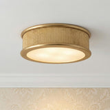 Bishop Large Flush Mount 18", Gilded Brass linear flush mount in a Traditional Hallway with damask floral wallpaper.