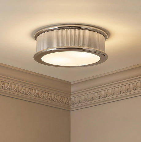 Bishop Large Flush Mount 18", Polished Nickel linear flush mount in a Transitional Hallway with ornate crown molding.