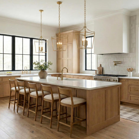 Cambria Small Lantern Pendant 14", Modern Brass geometric lantern pendant in a Modern Farmhouse Kitchen with a white marble island.