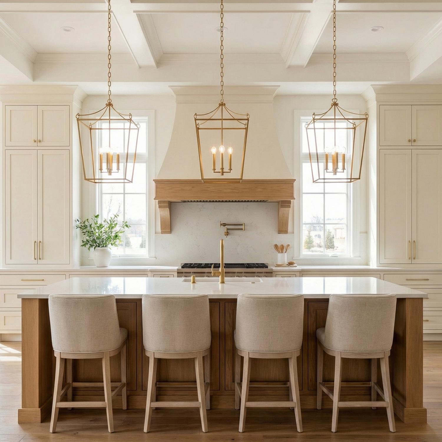 A transitional kitchen features three Cambria Medium Lantern Pendant 18 inch Modern Brass fixtures over a white quartz island under a white coffered ceiling with white cabinetry.