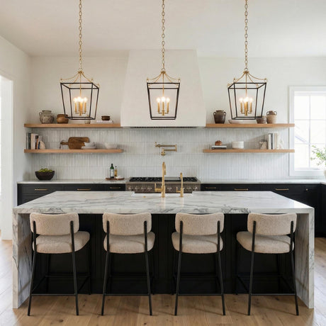 Cambria Small Lantern Pendant 14", Matte Black and Modern Brass geometric lantern Pendant in a Transitional Kitchen with a marble island.
