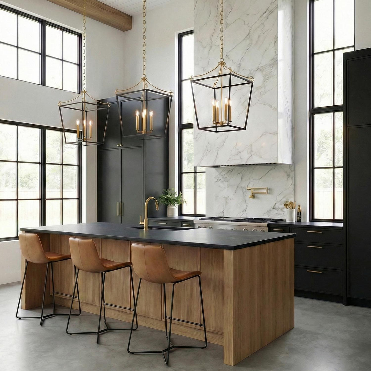 Cambria Medium Lantern Pendant 18", Matte Black and Modern Brass