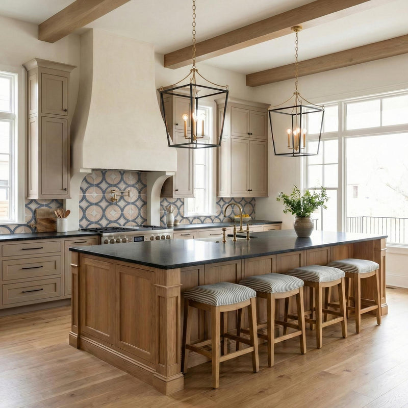 A transitional kitchen with two Cambria Large Lantern Pendant 21", Matte Black and Modern Brass fixtures over a wood island and patterned backsplash under a beamed ceiling.