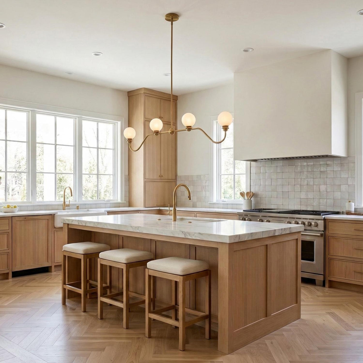 A transitional kitchen features the Leora 4 Light Linear Pendant 48", Brushed Brass with frosted glass globes centered over a white marble island and light wood cabinetry.