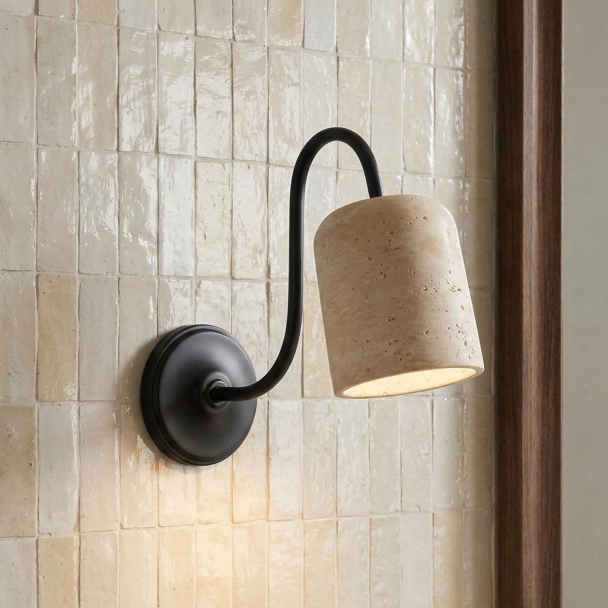 Jethro Wall Sconce 12", Travertine and Matte Black