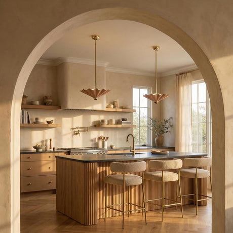 Babette Medium LED Pendant 16", Blush and Brass scalloped pendant in a Mediterranean Kitchen with a fluted wood island.