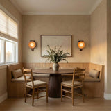 Babette Wall Sconce 17", Blush and Walnut scalloped wall sconce in a Transitional Dining Room with a walnut pedestal table.