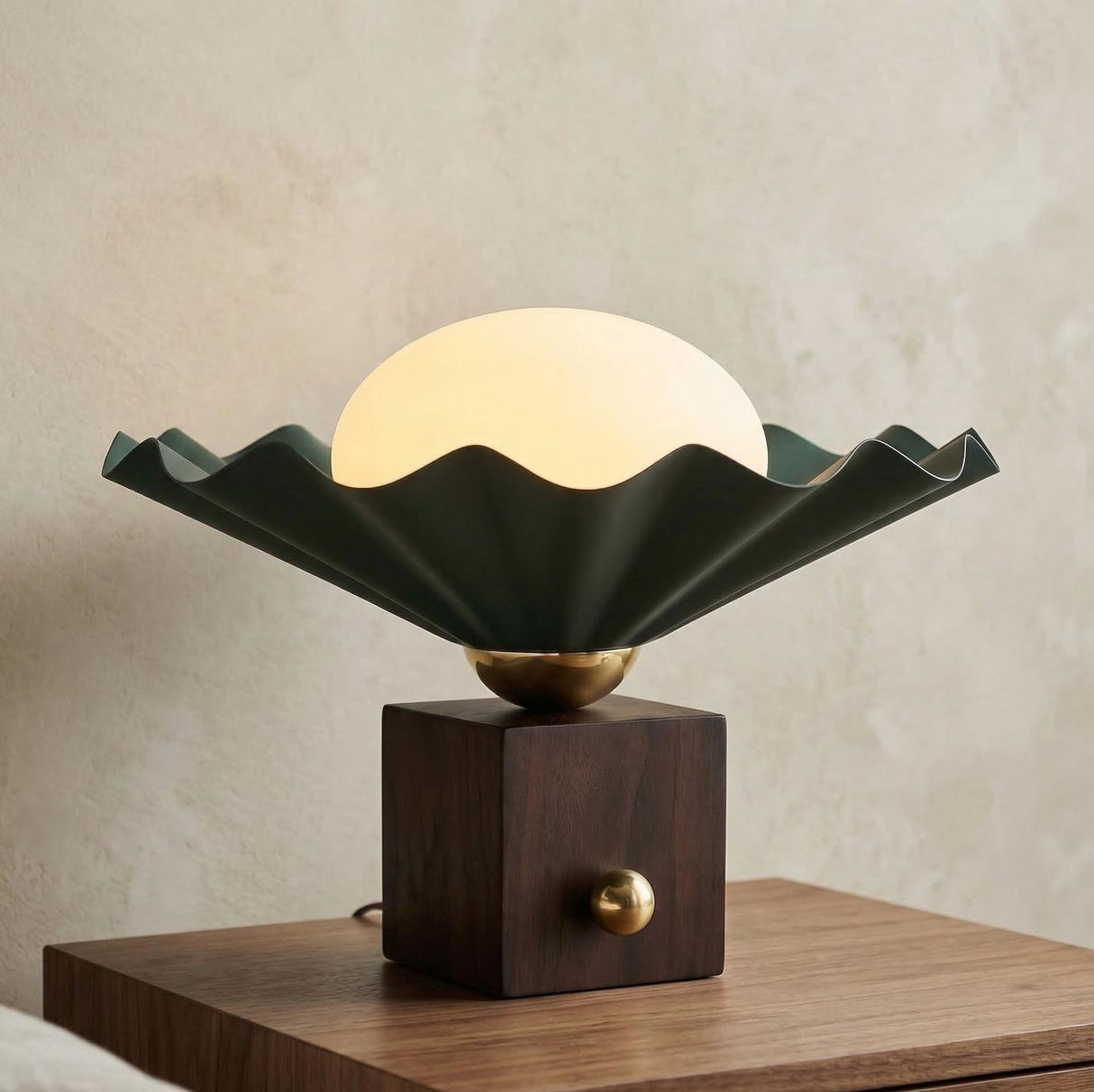 Babette Small Table Lamp 9", Hunter Green and Walnut scalloped table lamp in a Mid-Century Bedroom with a walnut nightstand.