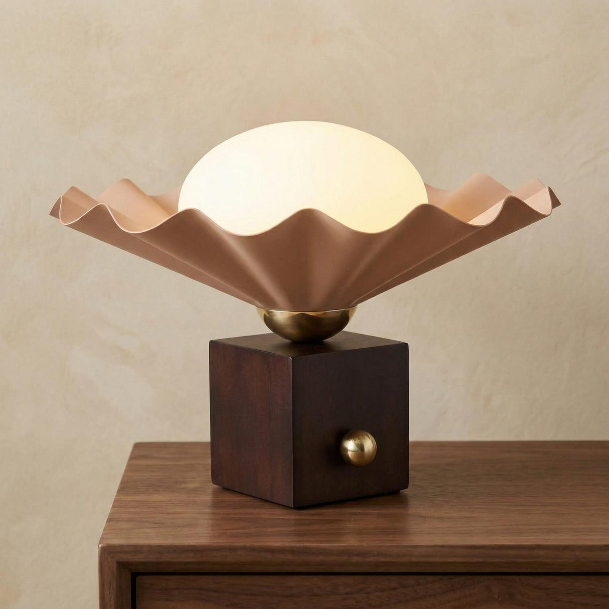 Babette Small Table Lamp 9", Blush and Walnut scalloped Table Lamp in a Contemporary Bedroom with a walnut dresser.