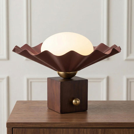 Babette Small Table Lamp 9", Maroon and Walnut scalloped Table Lamp in a Mid-Century Entryway with a wood console and paneled wall.