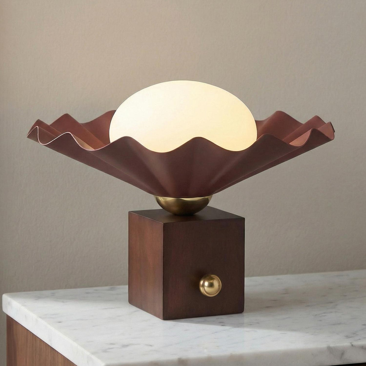 Babette Small Table Lamp 9", Maroon and Walnut scalloped table lamp in a Contemporary Entryway with a white marble console.