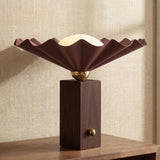 Babette Medium Table Lamp 14", Maroon and Walnut scalloped Table Lamp in a Contemporary Living Room with a wood console.
