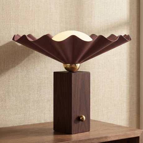 Babette Medium Table Lamp 14", Maroon and Walnut scalloped Table Lamp in a Contemporary Living Room with a wood console.
