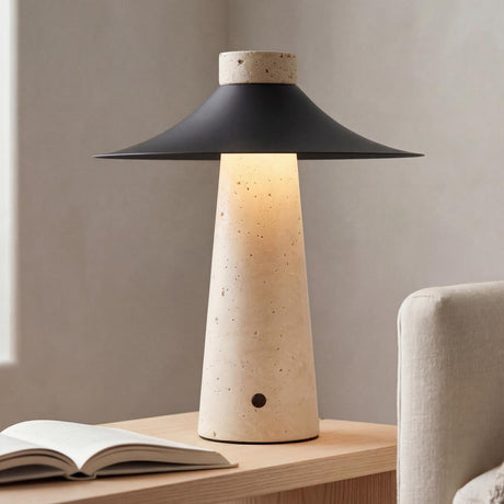 Akari Rechargeable Table Lamp 12", Travertine and Urban Bronze geometric Table Lamp in a Modern Living Room with a light oak side table.