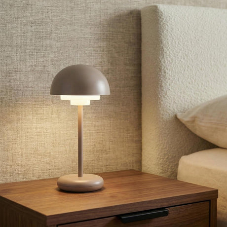 Carola Rechargeable Table Lamp 12", Mink globe Table Lamp in a Modern Bedroom with a wooden nightstand and boucle headboard.
