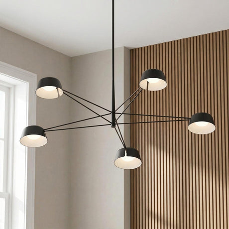 Jude LED 5 Light Chandelier 45", Black geometric Chandelier in a Contemporary Living Room with a vertical wood slat wall.