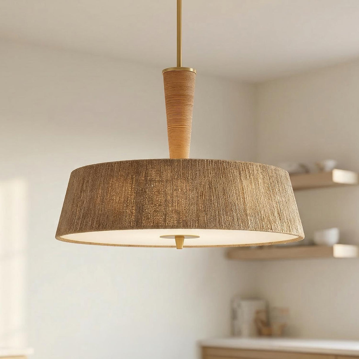 Pascal Extra Large Pendant 30", Jute, Rattan and Aged Brass woven Pendant in a Coastal Kitchen with floating wood shelves.