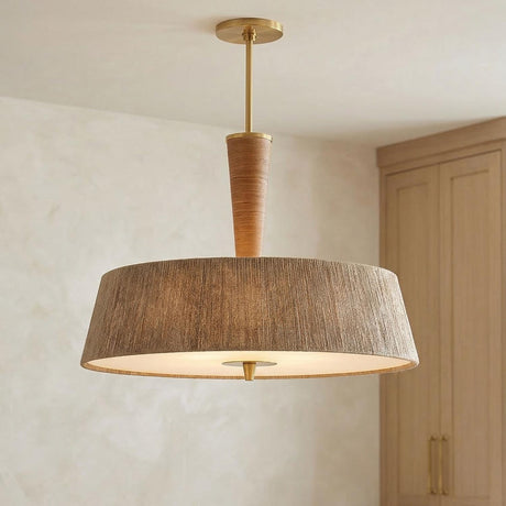 Pascal Extra Large Pendant 30", Jute, Rattan and Aged Brass woven Pendant in a Coastal Dining Room with light oak cabinets.