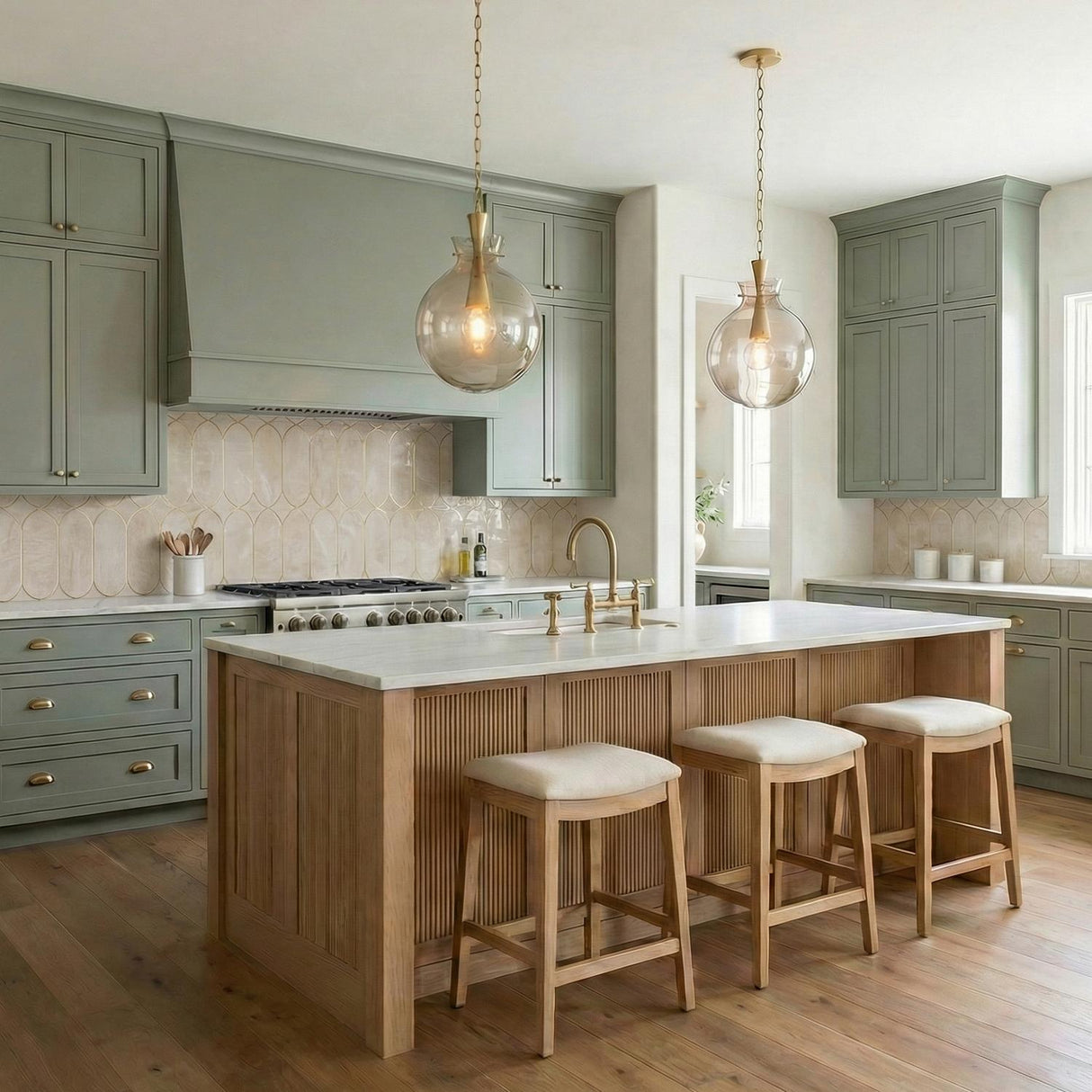 A transitional kitchen features two aged brass and smoke taupe glass globe pendants over a white marble island with sage green cabinetry and wood slatted details.