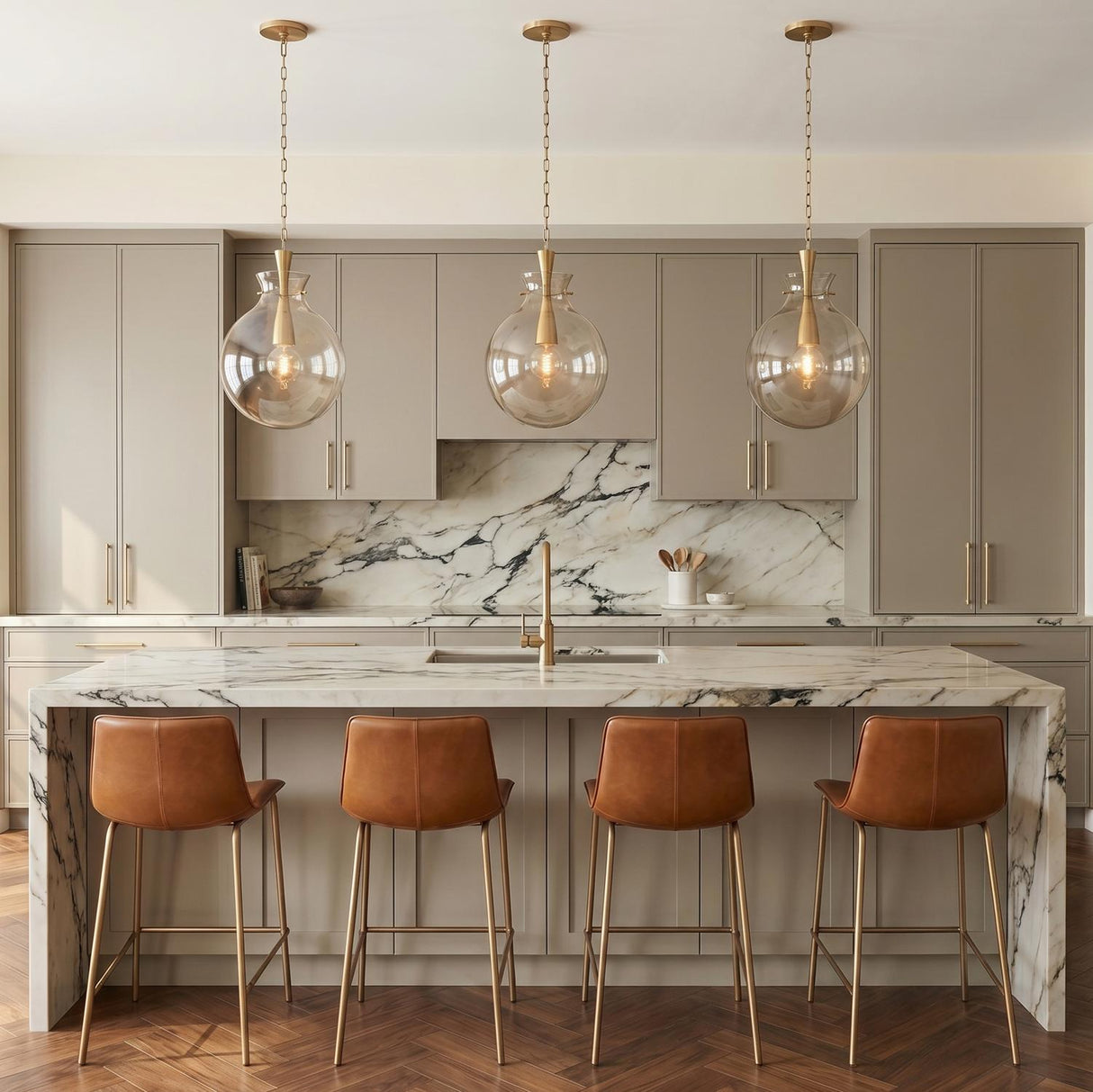 A contemporary kitchen with three Arianne Medium Pendants in aged brass and smoke taupe glass over a white marble waterfall island with taupe cabinets and leather stools.