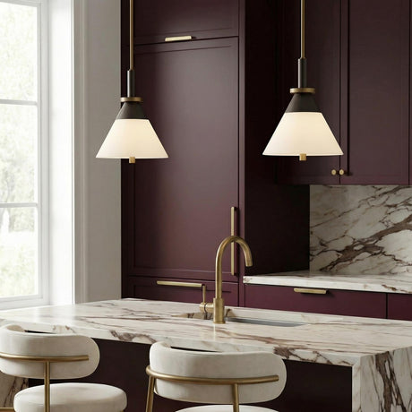 Armon Small Pendant 12", Opal Glass with Bronze and Patina Brass geometric Pendant in a Contemporary Kitchen with a white marble island.