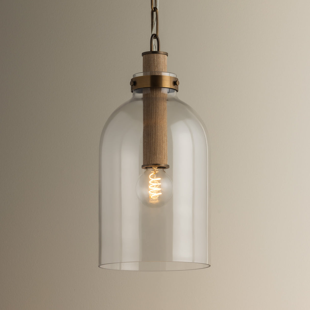 Midori Small Pendant 9", Patina Brass with Grasscloth Accents