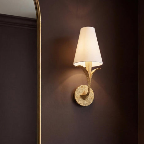 Junia Wall Sconce 17", Textured Gold leaf design wall sconce in a Transitional Entryway with an arched gold mirror.