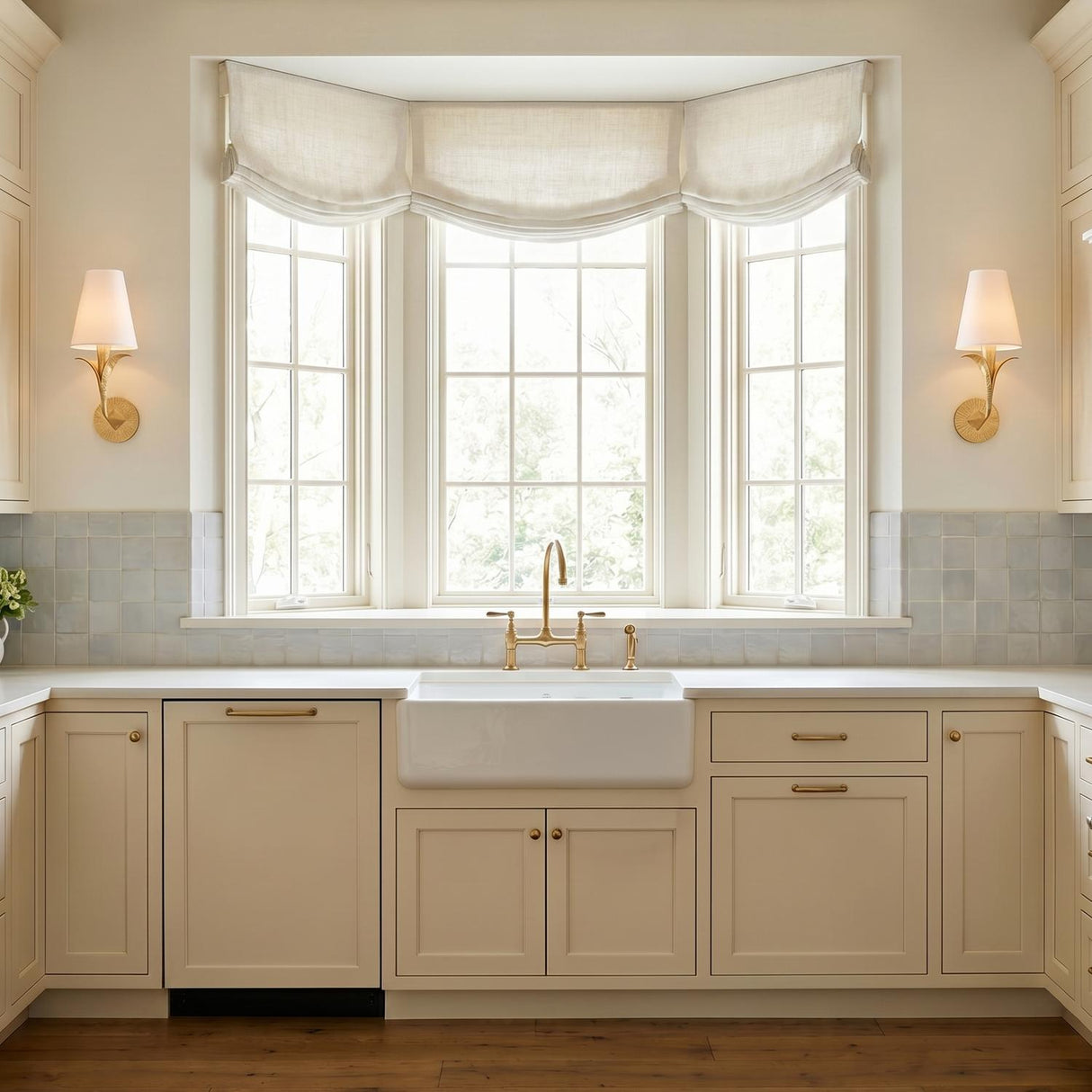 A transitional kitchen with two Junia Wall Sconce 17", Textured Gold fixtures with linen shades flanking a large bay window above a white farmhouse sink and cream cabinets.