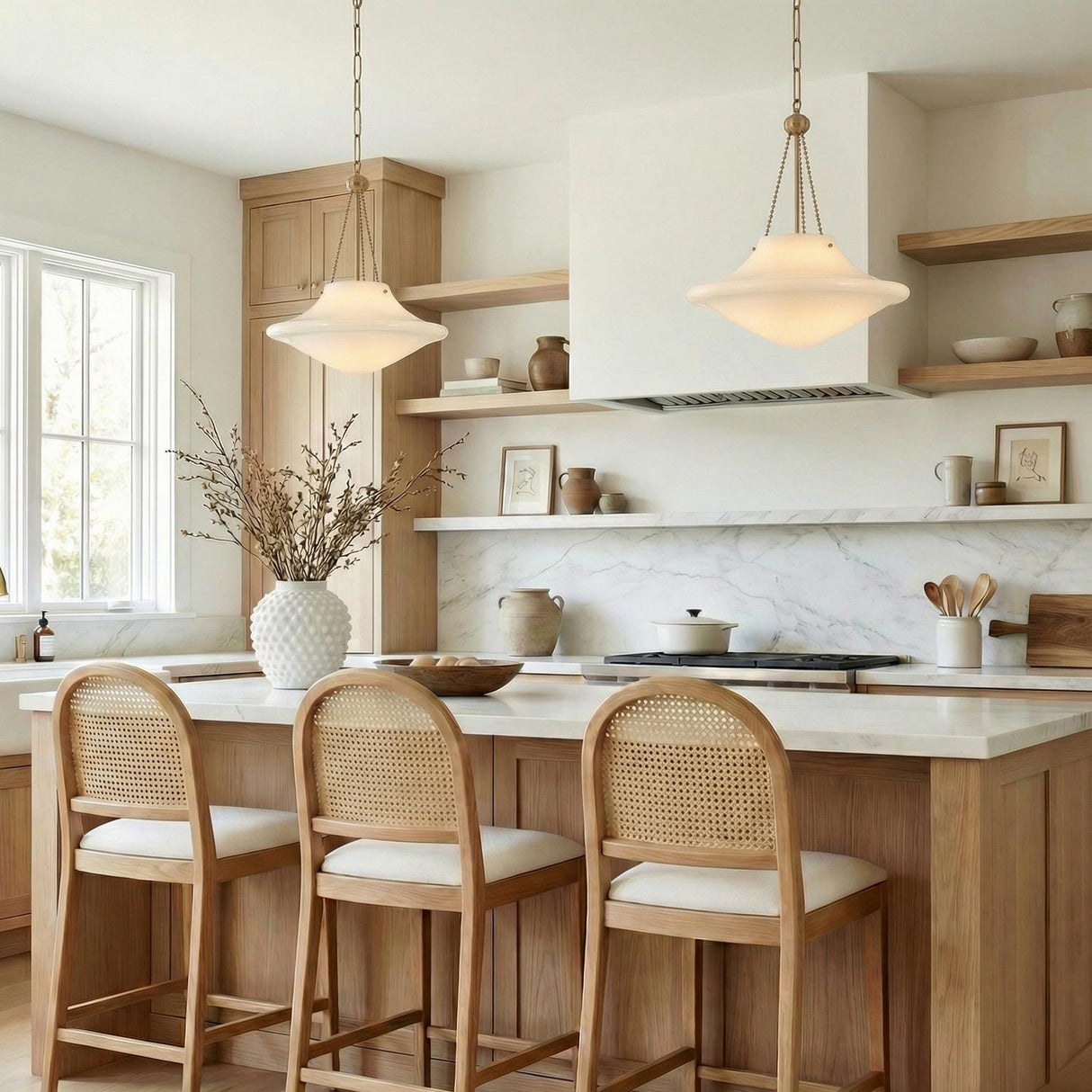 Balina Large Pendant 18", Patina Brass and Milk Glass geometric Pendant in a Modern Farmhouse Kitchen with a white marble island.