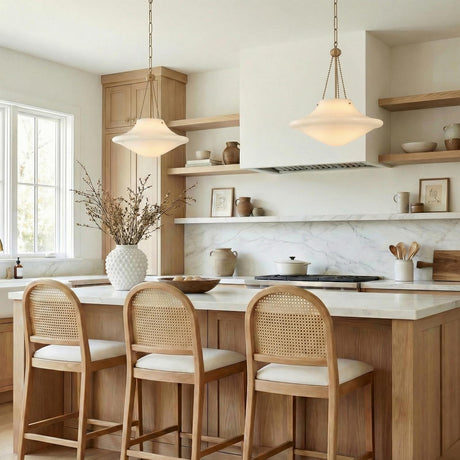 Balina Large Pendant 18", Patina Brass and Milk Glass geometric Pendant in a Modern Farmhouse Kitchen with a white marble island.