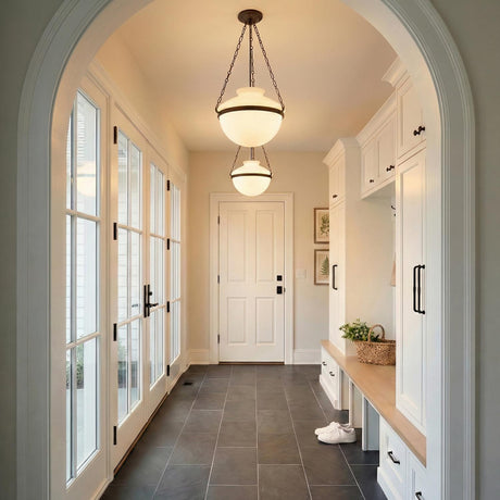 Capella Large Pendant 19", Bronze and Milk Glass globe pendant in a Modern Farmhouse Entryway with white cabinetry and slate floors.