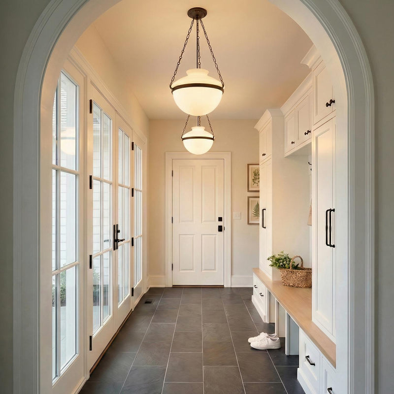 Capella Large Pendant 19", Bronze and Milk Glass globe pendant in a Modern Farmhouse Entryway with white cabinetry and slate floors.