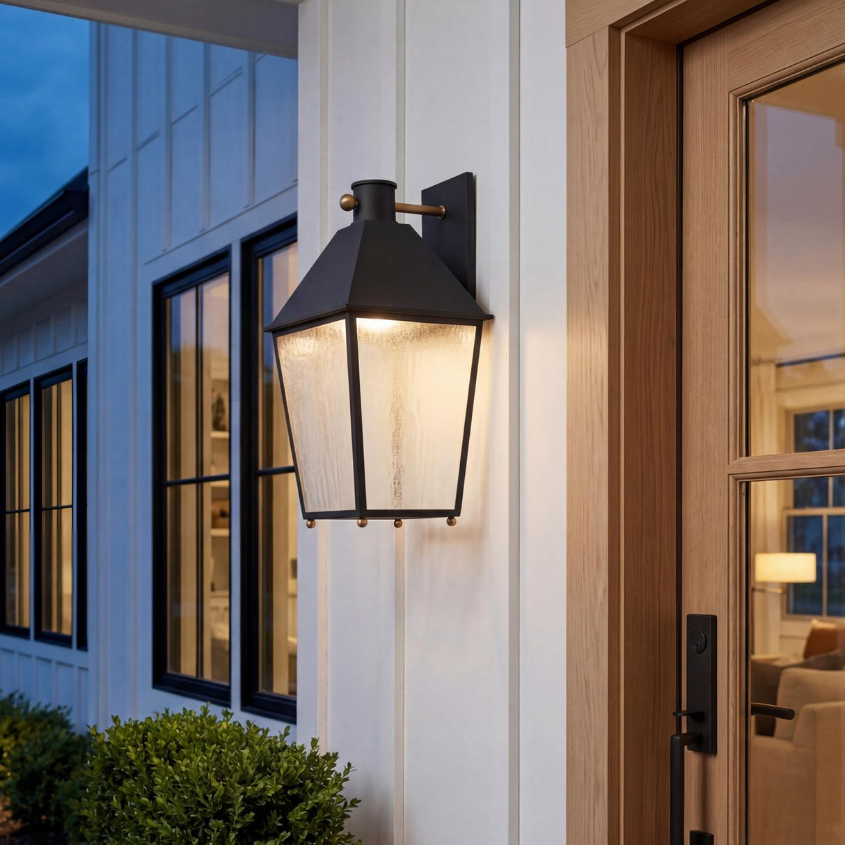 Baelor Outdoor Wall Light, Large 20", Black and Brass geometric Outdoor Wall in a Modern Farmhouse Outdoor with a light oak door.