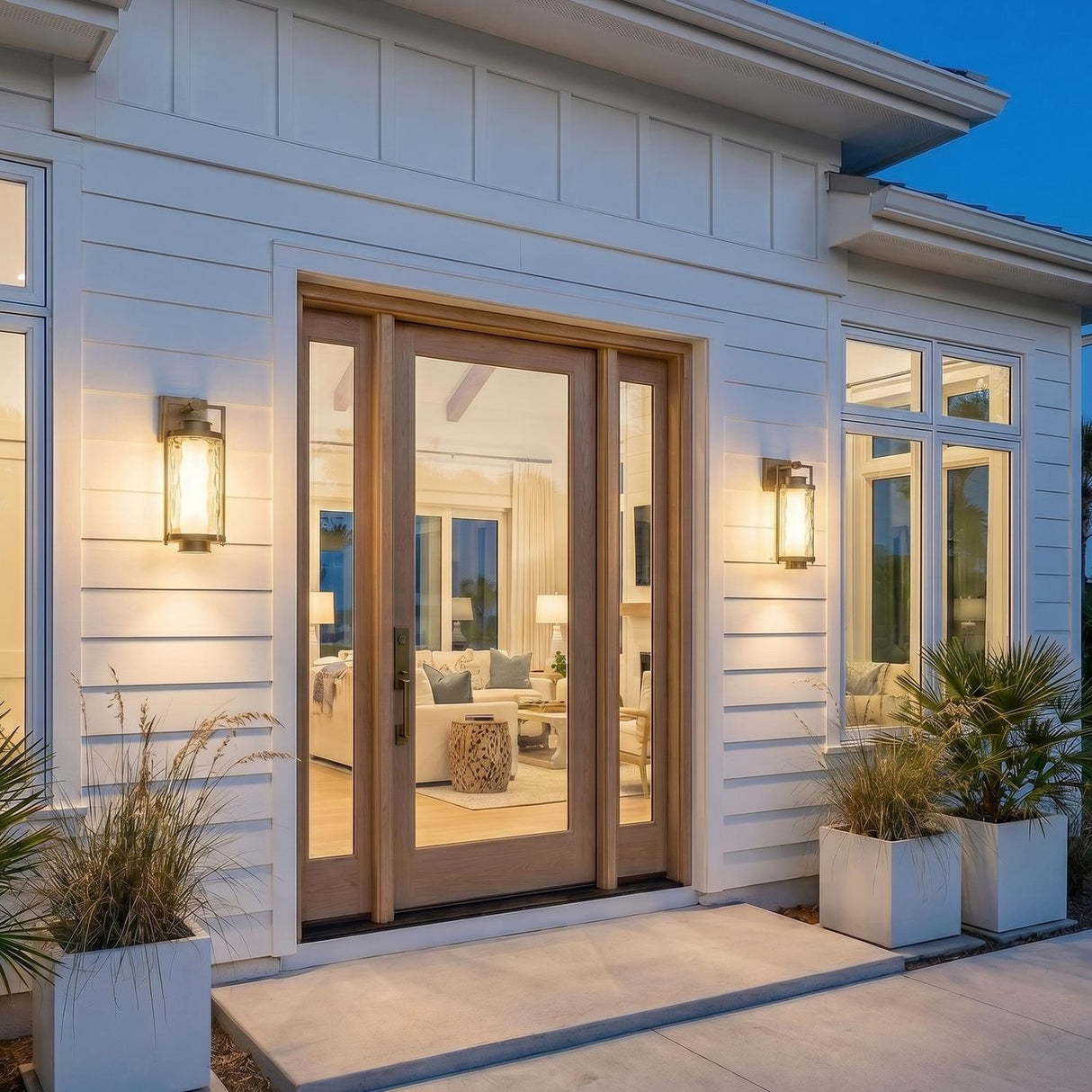 A modern farmhouse entry featuring patina brass wall lanterns flanking a light wood door on white horizontal siding with potted palm plants at twilight.