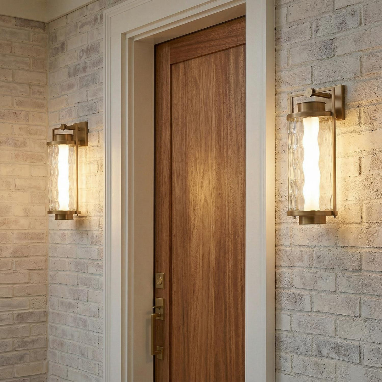 Catalina LED Outdoor Wall Light, Large 23", Patina Brass linear Outdoor Wall in a Modern Farmhouse Outdoor with a white brick wall.