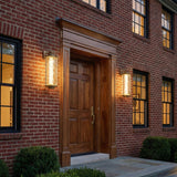 A traditional outdoor entryway with two Catalina LED Outdoor Wall Lights in patina brass and textured glass flanking a wood front door on a red brick facade.