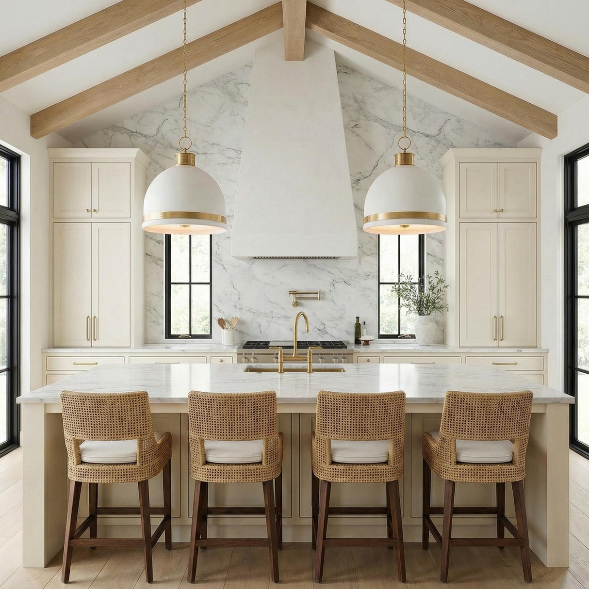 A farmhouse kitchen features two Patrice Large Pendant 20", Matte White and Aged Brass fixtures over a marble island under a vaulted beamed ceiling with woven stools.