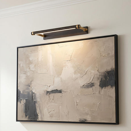 Heath LED Picture Light 24", Distressed Bronze and Aged Brass linear Wall Sconce in a Transitional Living Room with abstract canvas art.