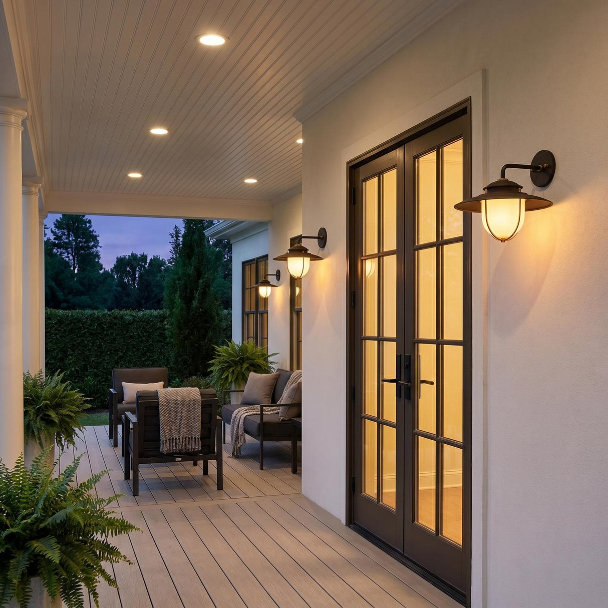 A modern farmhouse patio with Oswego Outdoor Wall Lights in forged iron and patina brass flanking dark French doors on white stucco at twilight, framed by ferns.