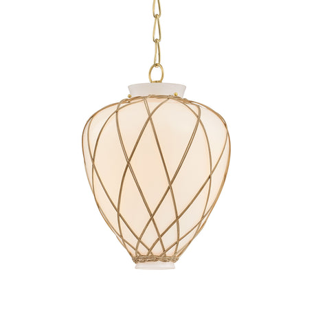 Dion Small Pendant 13", Aged Brass and Milk Glass with Rattan