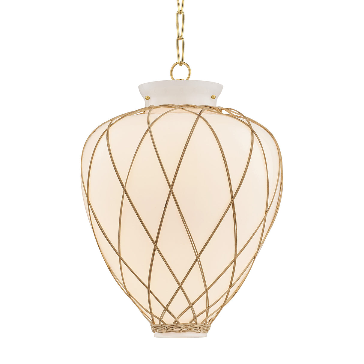 Dion Medium Pendant 17", Aged Brass and Milk Glass with Rattan