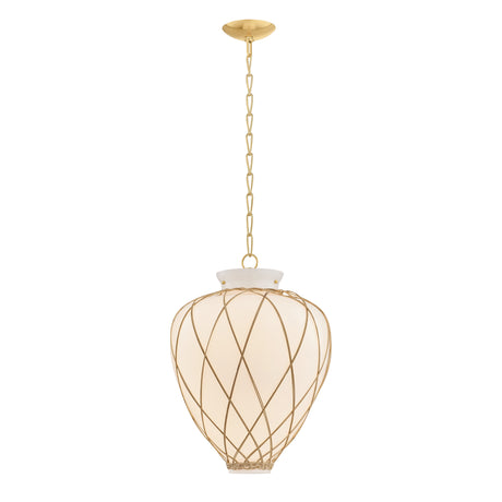 Dion Medium Pendant 17", Aged Brass and Milk Glass with Rattan