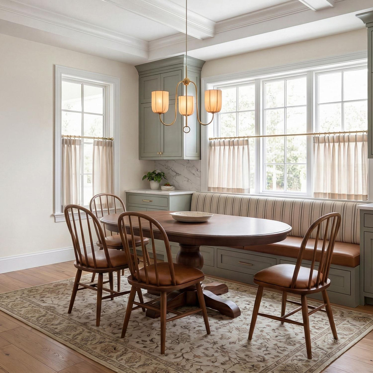 A traditional dining room featuring an aged brass chandelier with fabric shades suspended over a dark wood pedestal table and sage green cabinetry under a coffered ceiling.