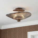 Azaria Semi-Flush 20", Bronze Piastra Glass geometric Flush Mount in a Transitional Hallway with patterned wallpaper.