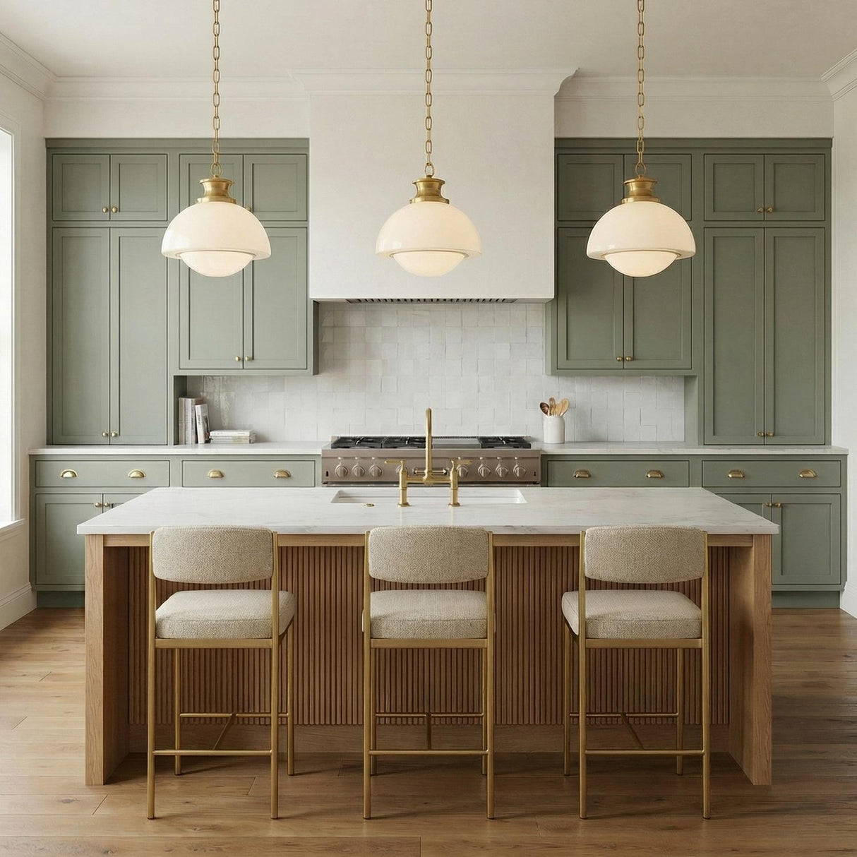 A transitional kitchen featuring three Leonie Pendant 15", Aged Brass and Milk Glass pendants over a white marble island with sage green cabinets and upholstered counter stools.