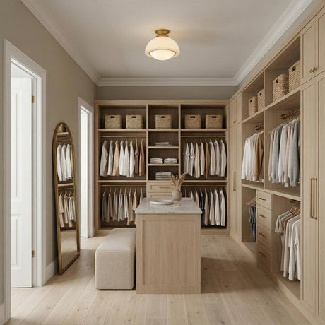 Leonie Small Semi-Flush 11", Aged Brass and Milk Glass globe flush mount in a Transitional Closet with a marble island and gold mirror.