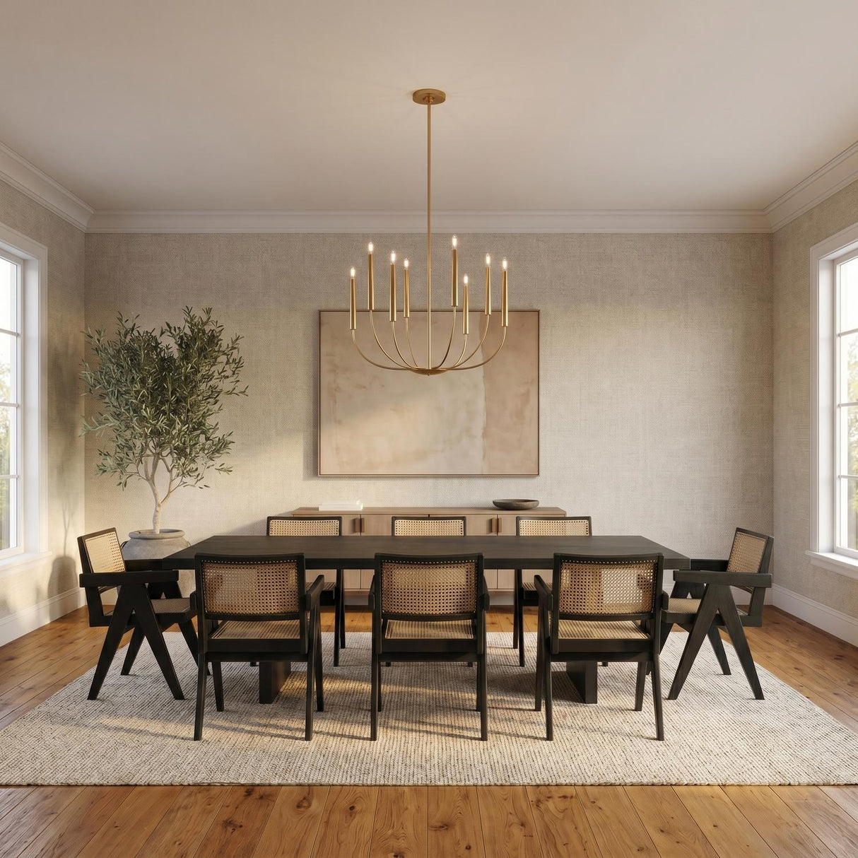 A contemporary dining room featuring the Solana 8 Light Chandelier 34" Modern Brass over a dark wood table with black cane-back chairs and hardwood floors.