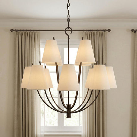 Cordelia 12 Light Chandelier 30", Aged Iron geometric Chandelier in a Transitional Dining Room with beige linen curtains.